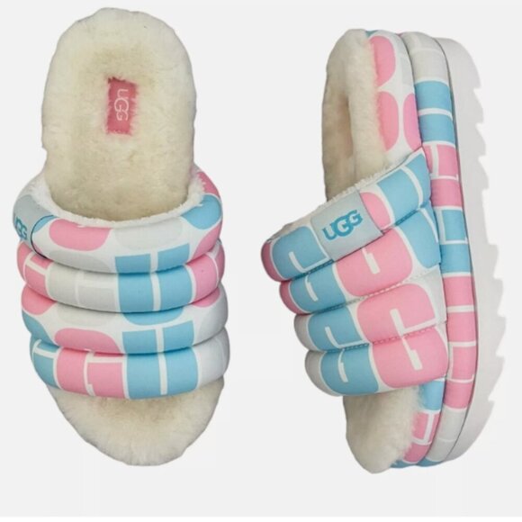 UGG Slipper Maxi Slide Pride Logo Sz 7 Platform Puffed Slip On Fluff Pink NEW - Picture 1 of 13